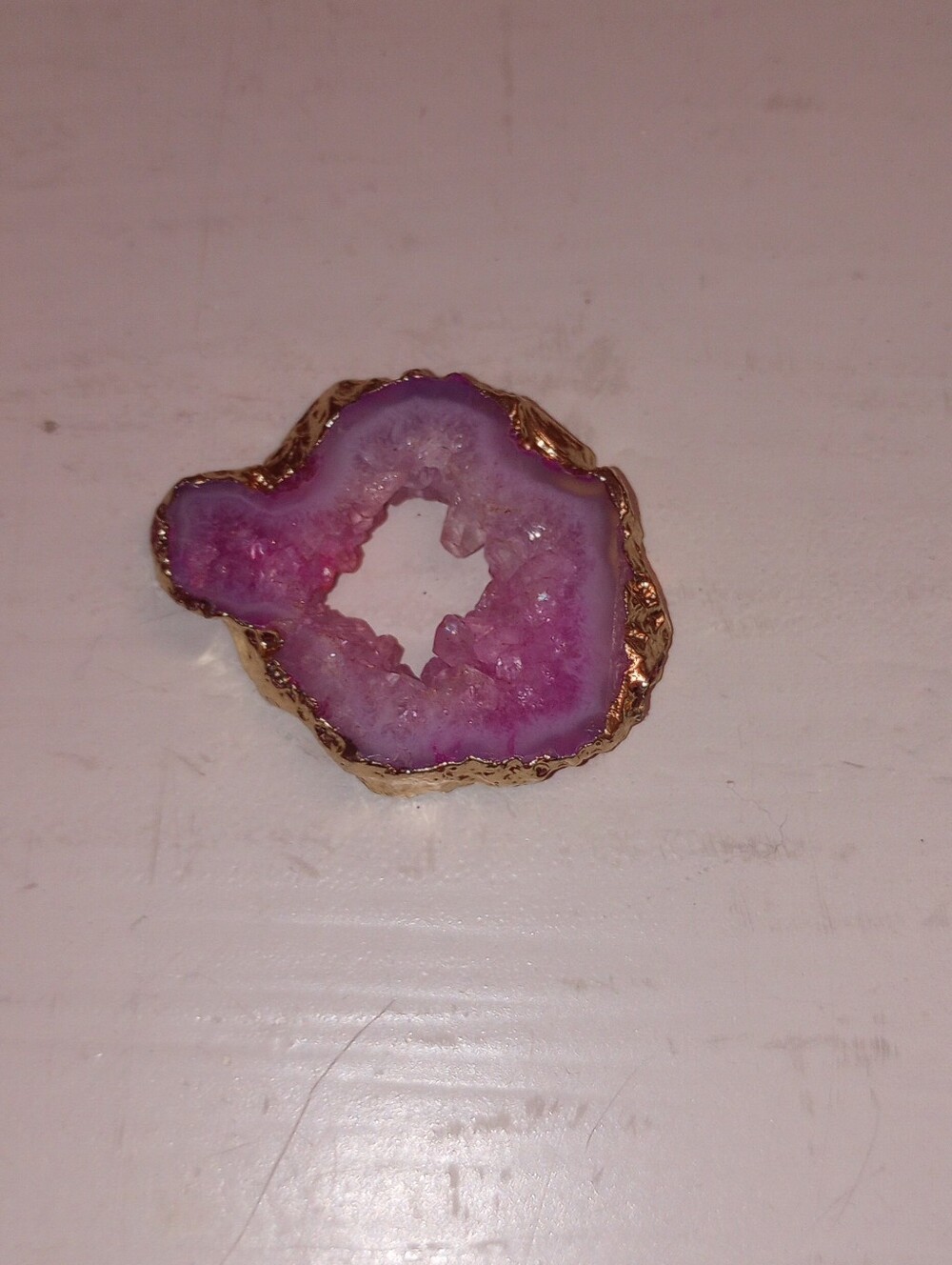 Pink Agate Geode Slice Pendant With Gold Edge
